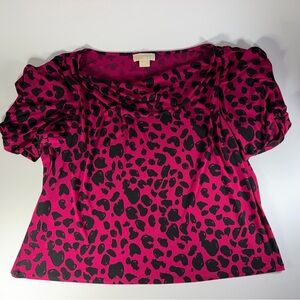 Michael Kors pink Draped Leopard Print Ruched Short Sleeve Shirt Sz 3X Stretch